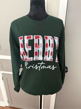 Gildan Forest Green 'Merry Christmas' Plaid Lettering Crewneck